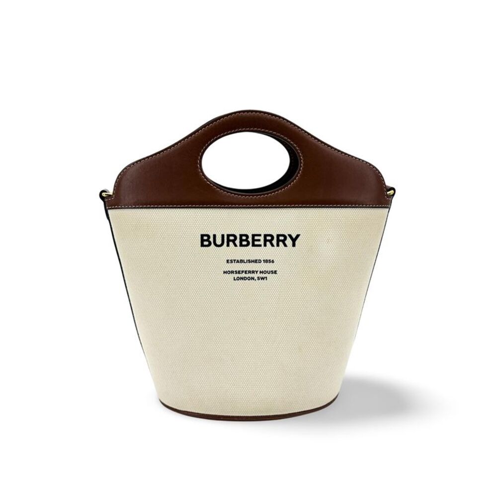 Burberry Small Canvas Leather Horseferry Print Pocket Bucket Bag Tan Natural
